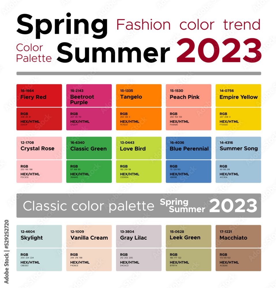 Fashion color trends Spring Summer 2023. Palette fashion colors