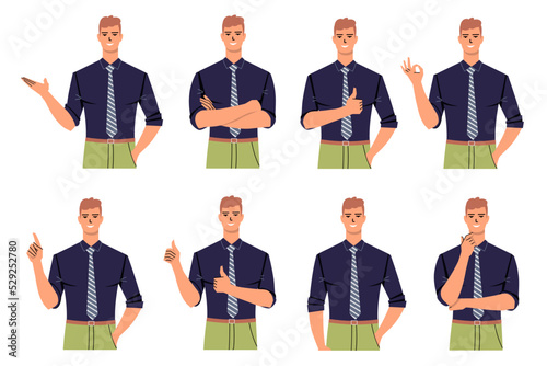 Set of businessman in different poses and with different gestures. Man in a tie isolated. Gestures of agreement, showing, demonstrating, thinking, thumbs up, advise, arms crossed, ok. Flat vector.