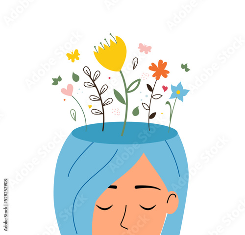 Healthy emotions, positive mood and health. Flowers and plants inside human head. Slow life, acceptance, happy life vector illustration