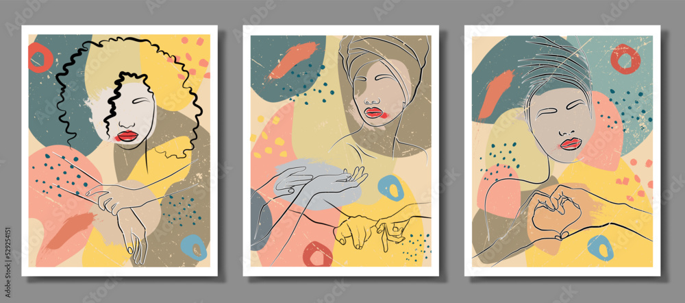 An abstraction set with a face and hands. Vector illustration of the face of an African woman with a turban. In a minimalistic abstract style. Fashionable illustration and abstract poster. An abstraction set with a face and hands. Vector illustration of the face of an African woman with a turban. In a minimalistic abstract style. Fashionable illustration and abstract poster.
