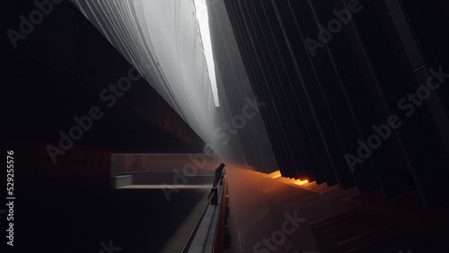 Man standing at railing in brutalist architecture