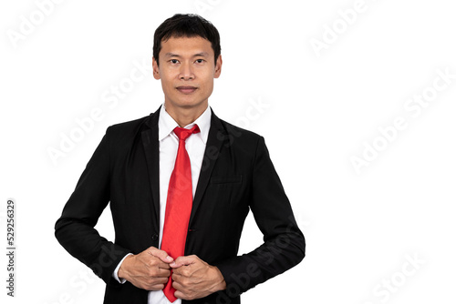 Portrait image of Asian business man wearing black suit standing and smile On white isolated background, to people and business concept