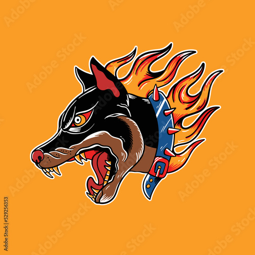 Doberman with fire oldschool tattoo design