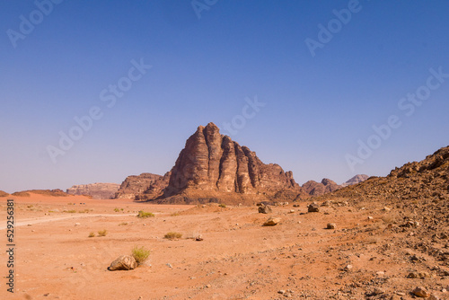 Wadi Rum Desert landscape in Jordan. Dunes and mountains. Travel and tourism concept.