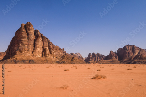 Wadi Rum Desert landscape in Jordan. Dunes and mountains. Travel and tourism concept.