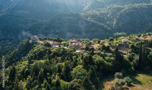 Aerial view of small Greek village in the mountain 