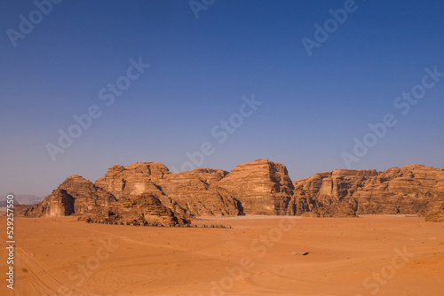 Wadi Rum Desert landscape in Jordan. Dunes and mountains. Travel and tourism concept.