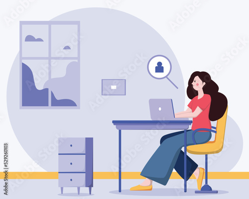 Happy woman employee sitting at desk or computer table in the office.