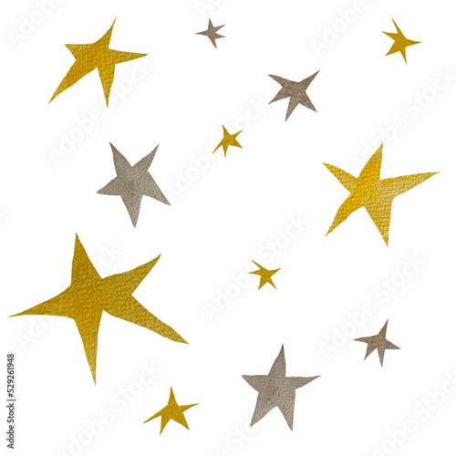 A watercolor set of yellow and grey stars with texture