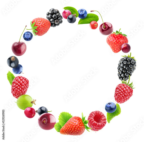 Fresh berries (strawberry, cherry, blackberry, raspberry and others) in a circular frame cut out