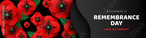 Remembrance Day header or voucher template, Memorial Anzac card flyer, paper cut poppy flowers and leaves border frame. Vector illustration. Craft floral design for posters, brochures. Lest we forget