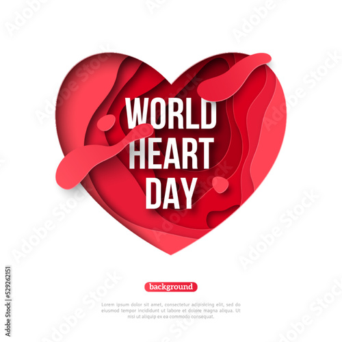 World Heart Day Background, paper cut red 3d icon isolated on white. Vector illustration. Blood drops, abstract cardio health template. Medical holiday, cardiology disease, global wellness