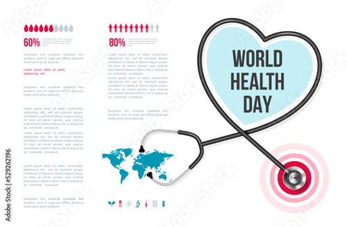 Stethoscope, heart shaped frame infograph poster. World health day infographics banner. Vector illustration. Healthcare background medical template, cardiology equipment, cardiologist instrument