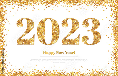 Happy New Year 2023 logo, Greeting Card with Gold Numbers and Confetti Frame on White Background. Vector Illustration. Merry Christmas Flyer Poster Design, Winter holiday brochure voucher template.