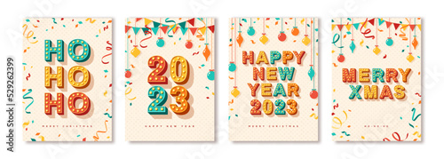 Set of 2023 Merry Christmas and Happy New Year cards or banners with retro typography font design. Vector illustration. Holiday poster, vintage baubles confetti, hanging flag garland. Place for text