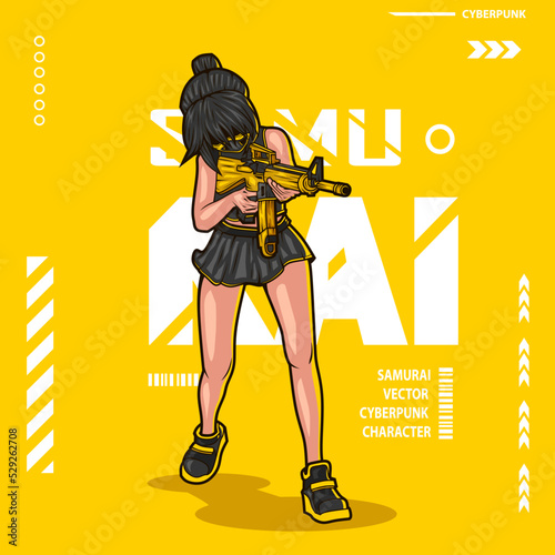 Gun woman cyberpunk fiction colorful t-shirt design. Abstract vector illustration.