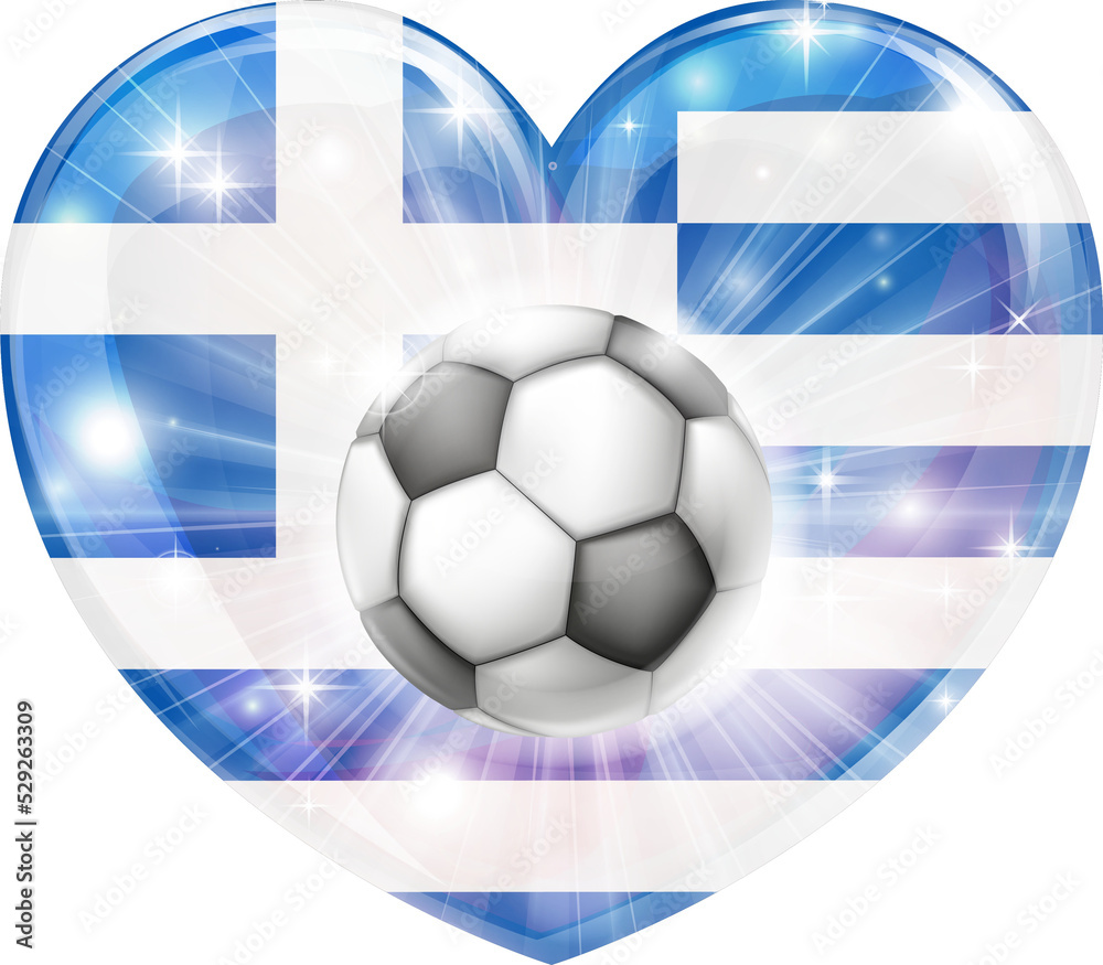 Naklejka premium Greece soccer football ball flag love heart concept with the Greek flag in a heart shape and a soccer ball flying out