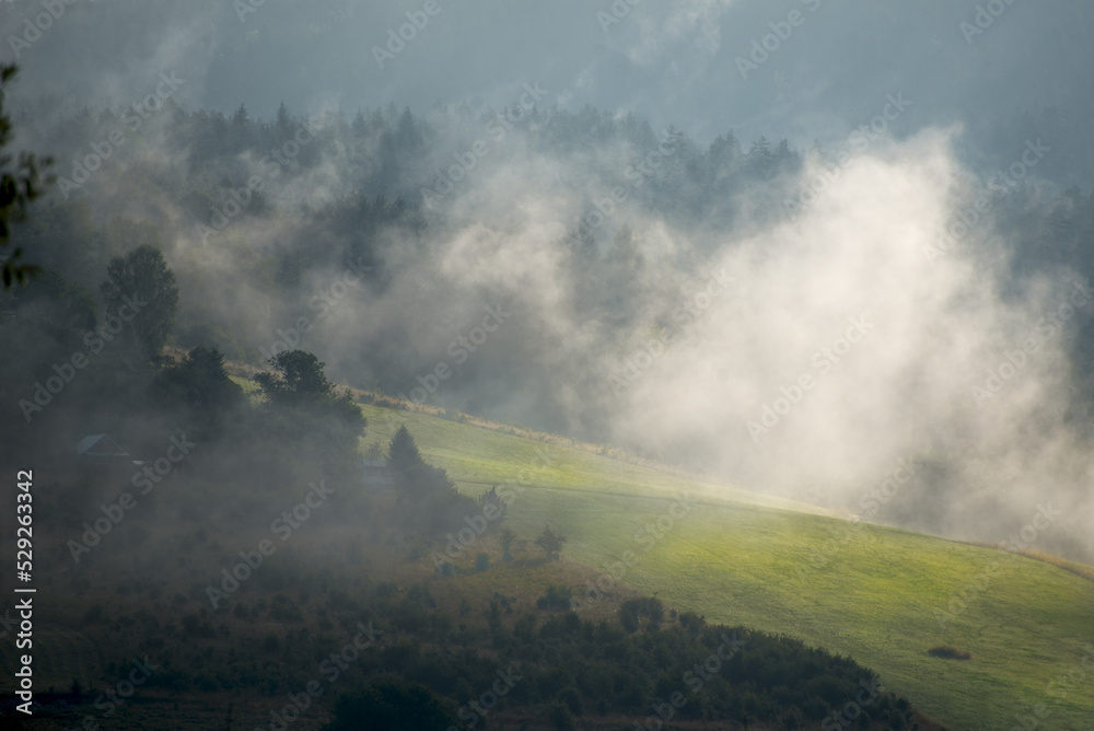 Mgła unosząca się nad wzgórzami o poranku.