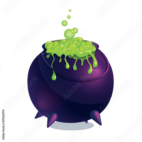 Magic cauldron with green potion boiling inside - Halloween llustration - isolated on white background