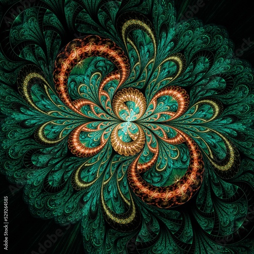 Symmetrical Gold Green fractal flower, digital artwork for creative graphic