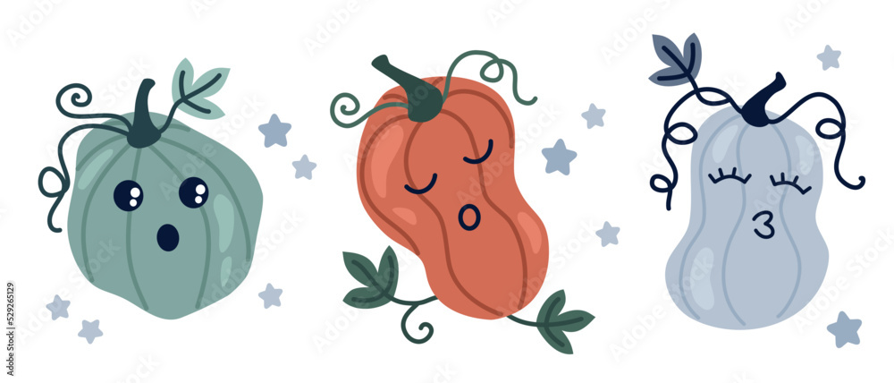 Naklejka premium Set of cute pumpkins colored doodle
