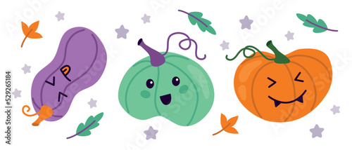 Set of cute pumpkins colored doodle