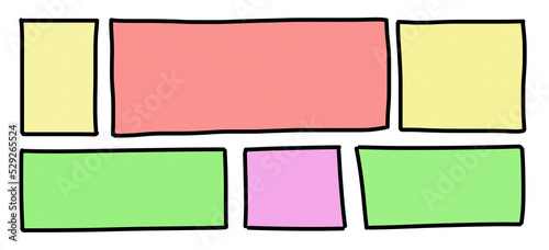 A series of horizontal comic strip panels, handdrawn regular boxes, each filled with a different color. Simple pastel flashy style, isolated.
 photo