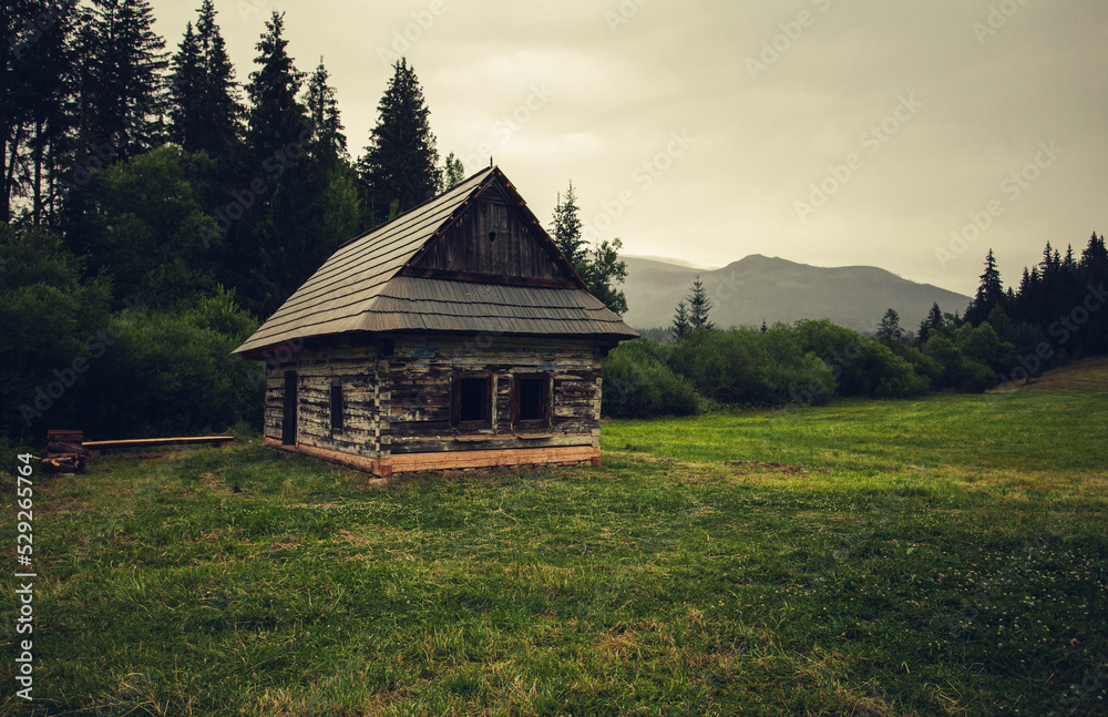 Old and weathered hut - chamkova stodol under the Kralova Hola mountain in rainy day. Old cabin in the green forest meadow with mountains on background - Slovakia, Europe.
