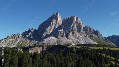 Sass de Putia mountain in Passo delle Erbe Pass or Würzjoch in South Tyrol, Dolomites Italy. Trentino Alto Adige aerial view. photo