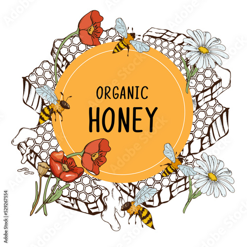 Honey label or badge mockup, hand drawn engraving style vintage vector illustration isolated on white background. Honey banner or frame design with bees.