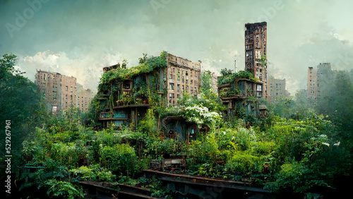 Concept art illustration of abandoned postapocalyptic city overgrown with lush vegetation