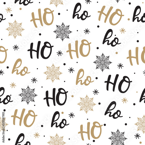 Merry Christmas seamless background with calligraphy. Handwritten modern lettering in ink. Snowflakes. Abstract vector template.