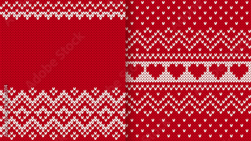 Christmas texture print. Set knit seamless pattern. Red knitted frames. Fair isle traditional ornament. Festive sweater border. Vector illustration. Xmas ugly print. Holiday background.