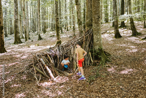 Brothers playing in shelter in forest