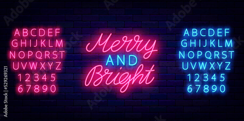 Merry and Bright neon lettering signboard. Christmas emblem. Light calligraphy. Vector stock illustration