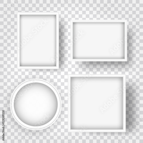 Collection of white empty frames, rectangular, square, round shape. Vector mockups isolated on a transparent background