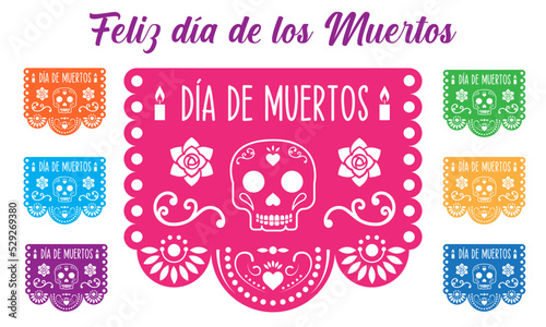 Papel picado para el día de muertos tradición de México, con calavera, flores y velas photo