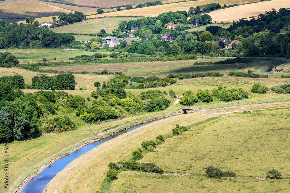Aerial view of the Cuckmere river  and the countryside on a summer afternoon, East Sussex, England