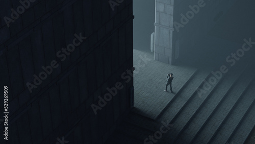 Man taking photo in front of large doorway in concrete brutalist architecture building