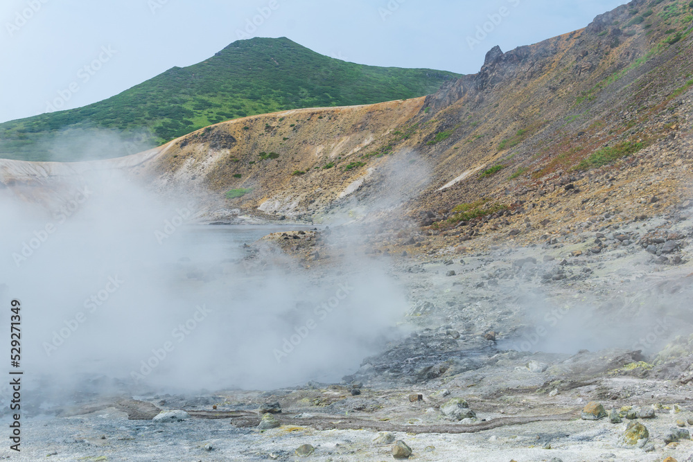 steaming hydrothermal outlet on the shore of the hot lake in the caldera of the Golovnin volcano on the island of Kunashir