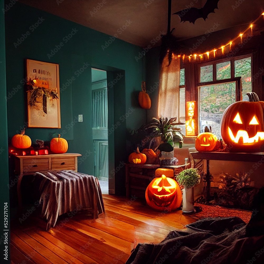 Obraz premium Halloween Decorated Room. A carved pumpkin for Halloween.