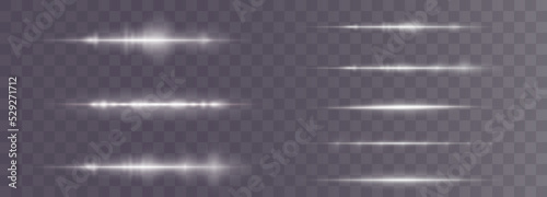 White horizontal lens flares pack. Laser beams, horizontal light rays.Beautiful light flares. Glowing streaks on dark background. Collection effect light white line png.	
