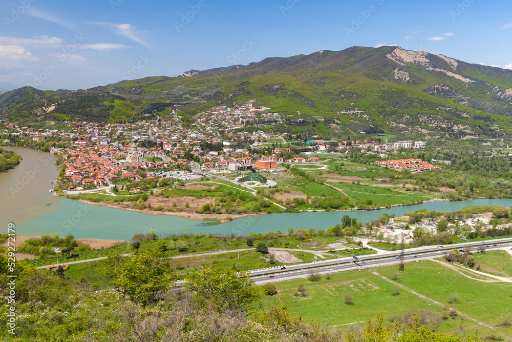 Landscape of Mtskheta town on a sunny day, aerial view