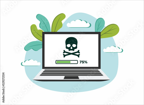 Piracy on the computer as online crriminality and robbery. Copyright infringement and illegal downloading on the internet. Vector illustration of lapton with pirate on the screen