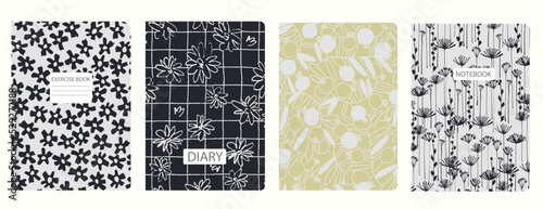 Set of cover page templates with hand drawn flowers, branches, leaves. Based on seamless patterns. Backgrounds for notebooks, notepads, diaries. Headers isolated and replaceable