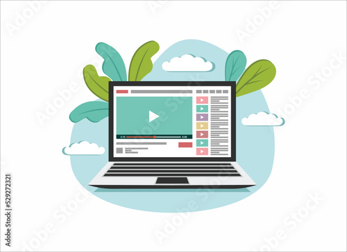 Frame video player interface. Design mockup video channel laptop. Tube window template with subscribe for web  media app.Player screen with navigation icon