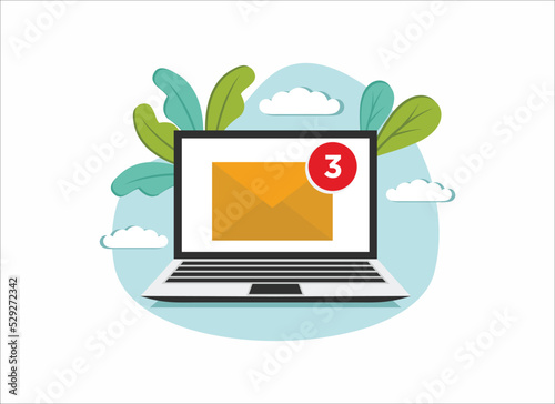 new email notification on laptop computer display screen concept, flat vector illustration
