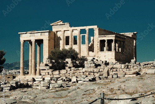 View of the archaeological site of Acropolis hill with Erechtheio temple in the background.