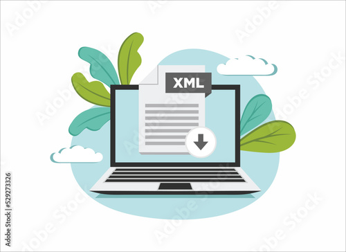 Download XML icon file with label on laptop screen. Downloading document concept
