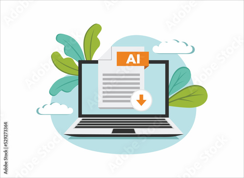 Download AI icon file with label on laptop screen. Downloading document concept